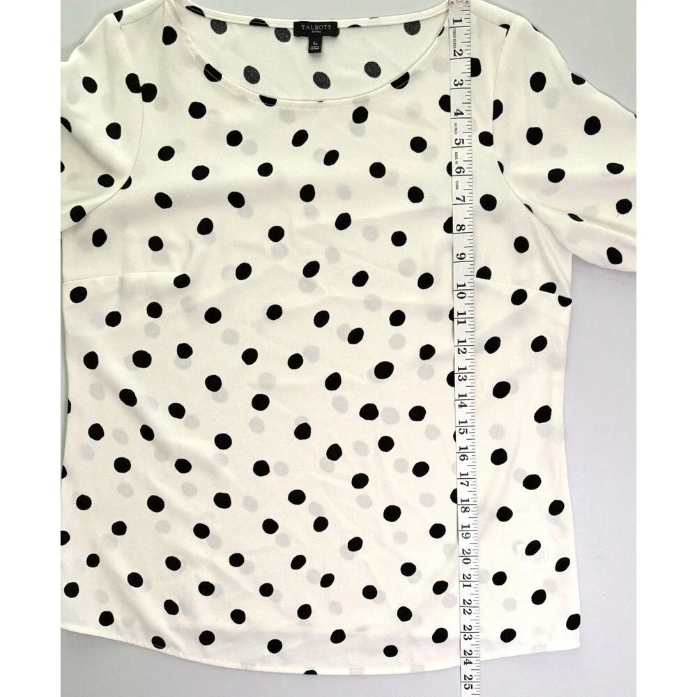 Talbots Petites Polka Dot Blouse Sz SP Ivory Black Bell Sleeve Capsule Career